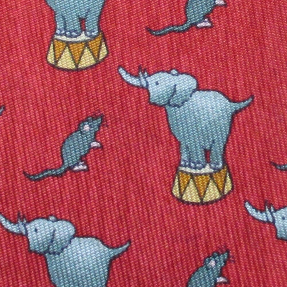 100% REAL HERMES TIE ~ RED w/ WHIMSICAL ELEPHANTS BEING SCARED BY MICE MOUSE XL